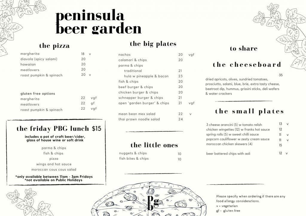 Peninsula Beer Garden Menu