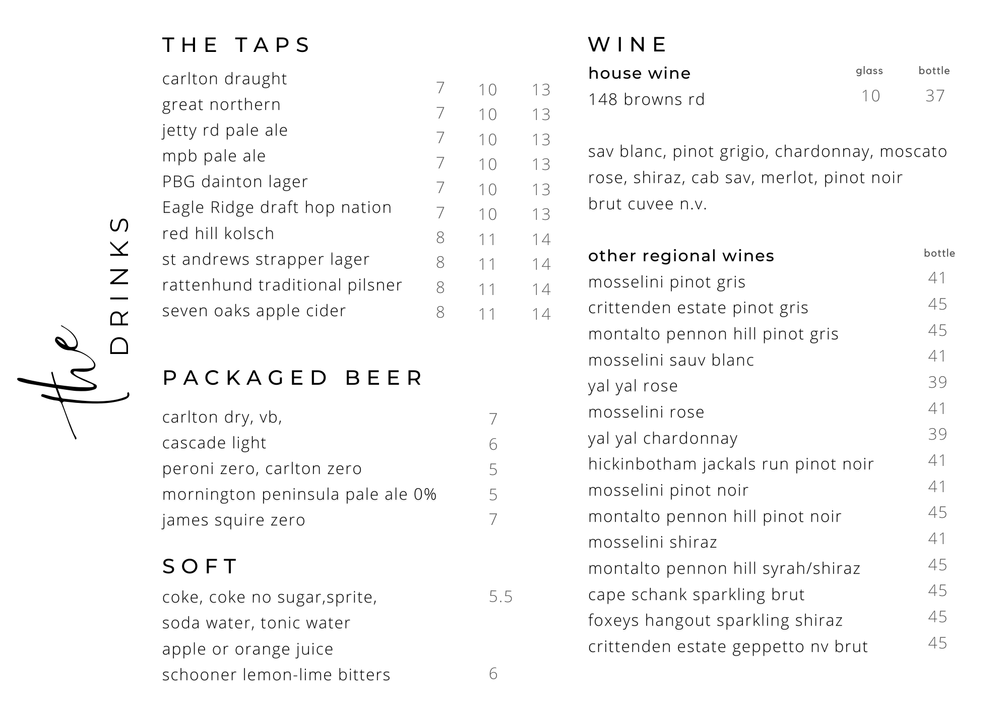 Peninsula Beer Garden Drinks Menu